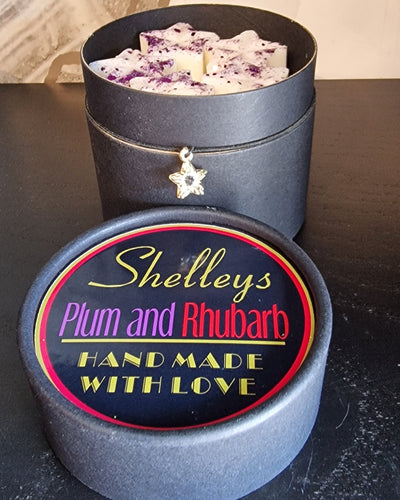 An open jar of Plum and Rhubarb scented Wax melts